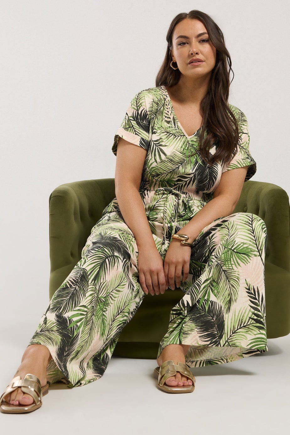 YOURS Curve White Palm Print Tie Front Jumpsuit
