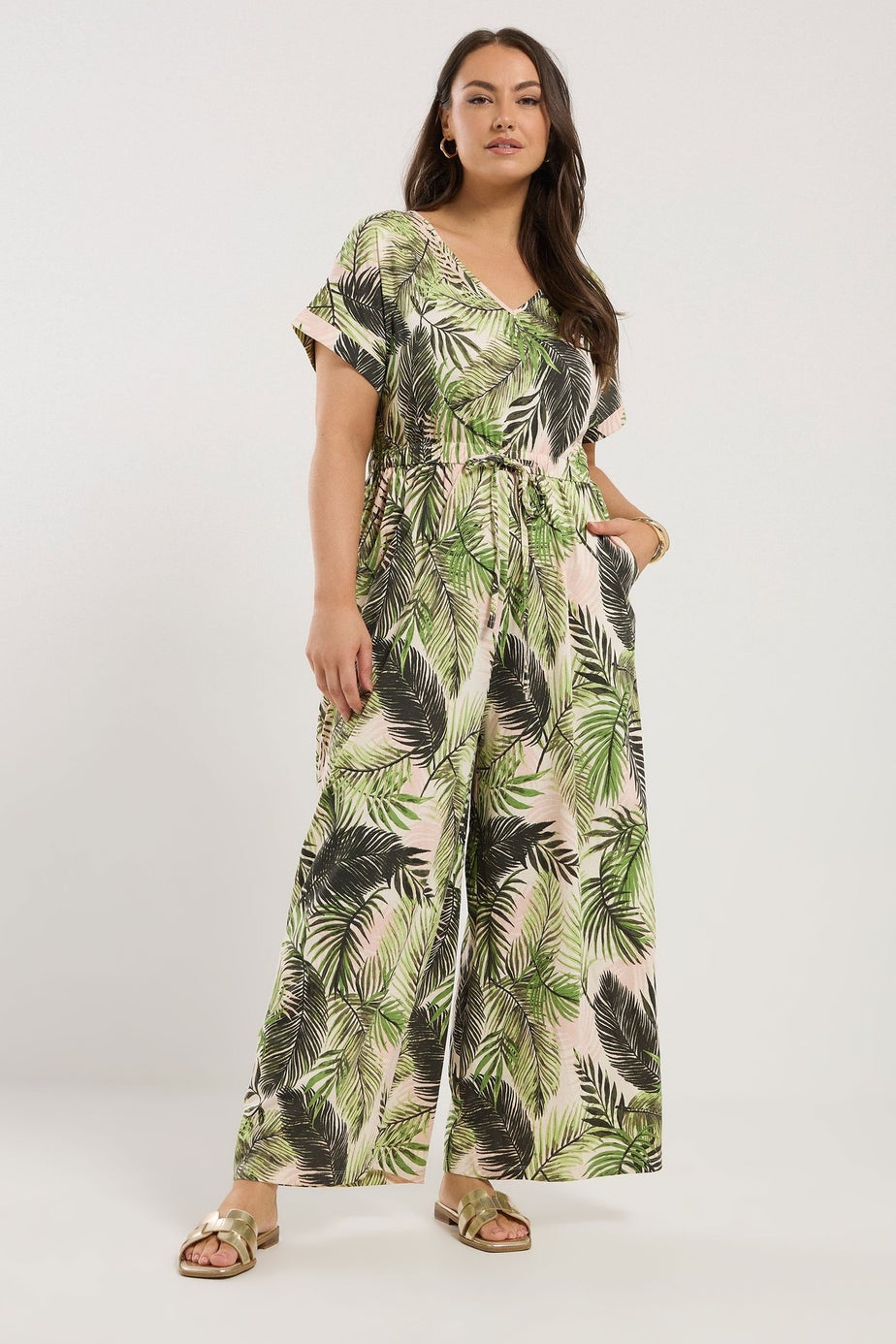 YOURS Curve White Palm Print Tie Front Jumpsuit