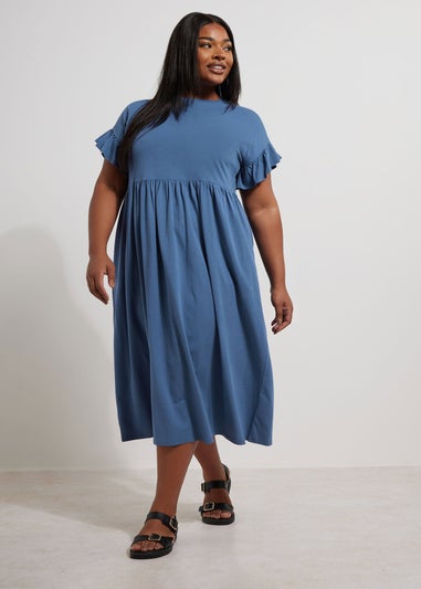 Yours Curve Blue Frill Sleeve Cotton Midaxi Dress