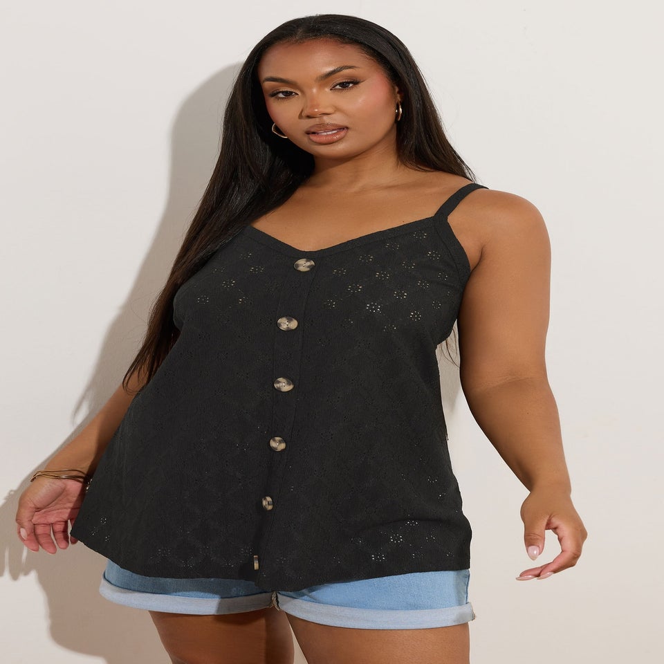 Yours Curve Black Broderie Anglaise Button Vest Top