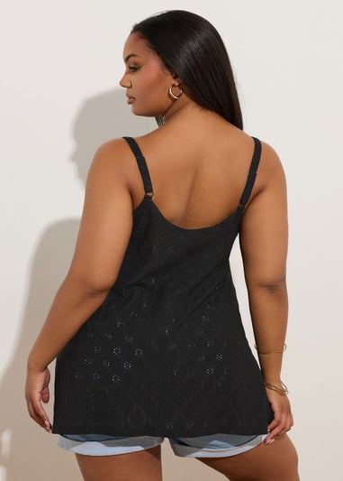 Yours Curve Black Broderie Anglaise Button Vest Top