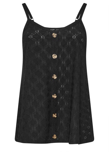 Yours Curve Black Broderie Anglaise Button Vest Top