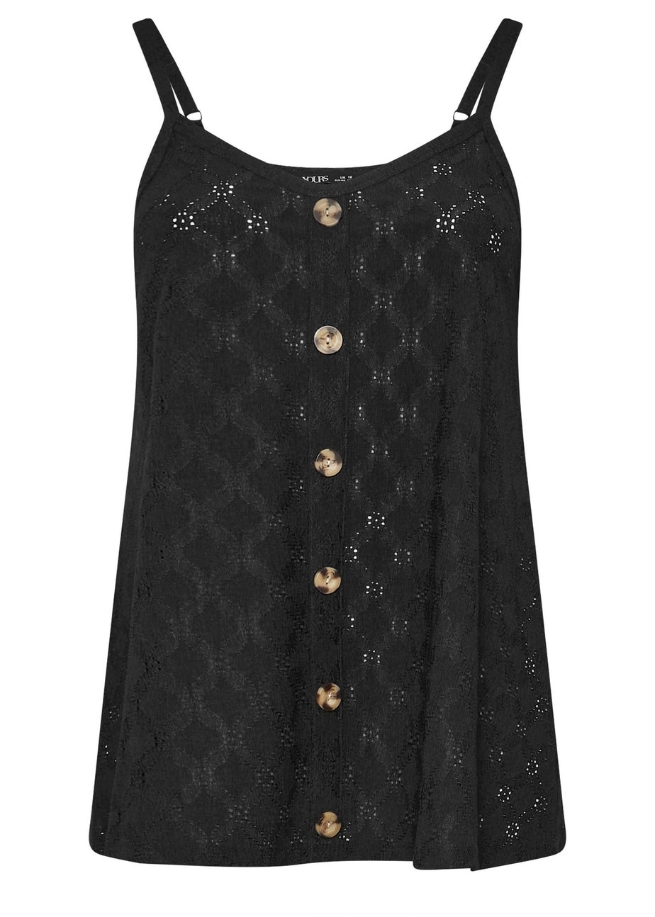 Yours Curve Black Broderie Anglaise Button Vest Top