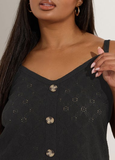 Yours Curve Black Broderie Anglaise Button Vest Top