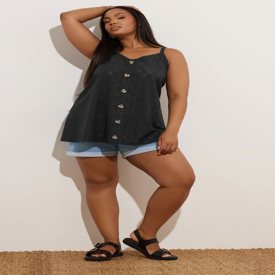 Yours Curve Black Broderie Anglaise Button Vest Top