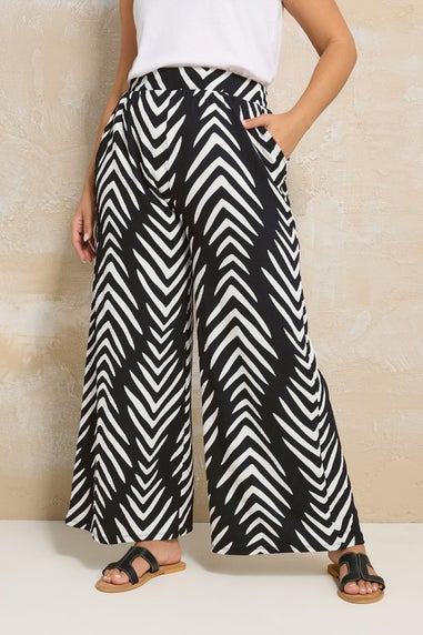 Yours Curve Black & White Abstract Print Wide Leg Trousers