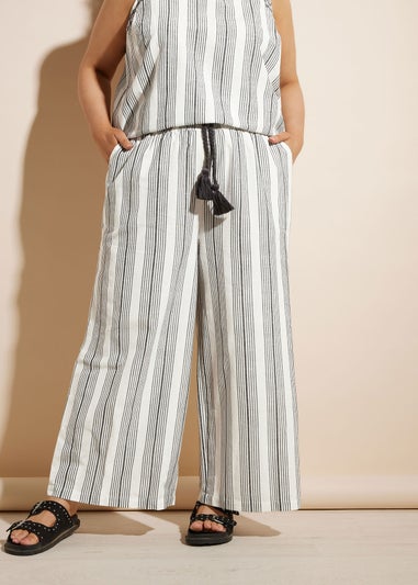 Yours Curve White Stripe Belted Wide Leg Linen Trousers