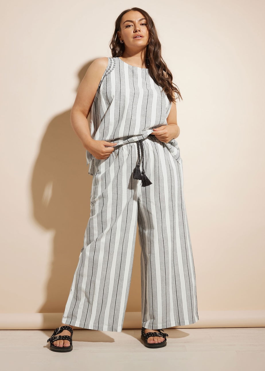 Yours Curve White Stripe Belted Wide Leg Linen Trousers