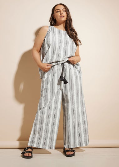 Yours Curve White Stripe Belted Wide Leg Linen Trousers