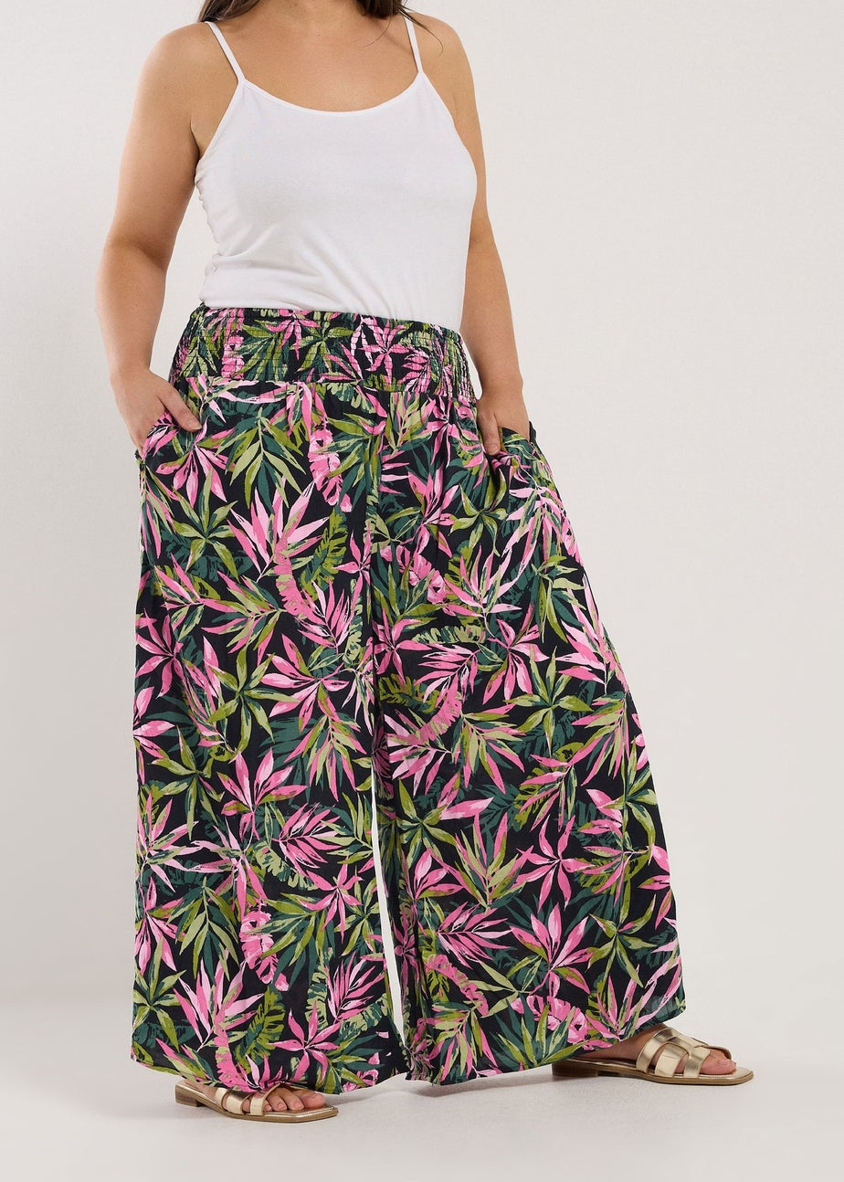 Yours Curve Black Tropical Print Shirred Wide Leg Trousers