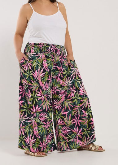 Yours Curve Black Tropical Print Shirred Wide Leg Trousers