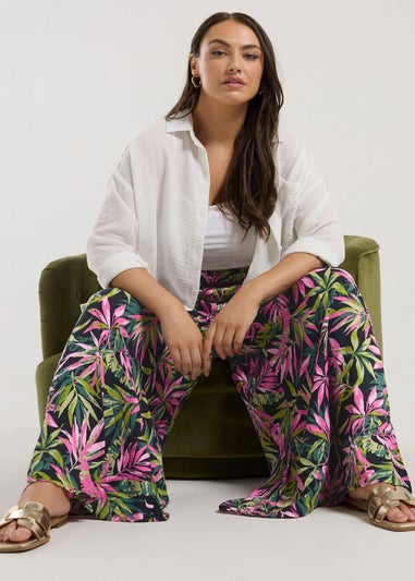 Yours Curve Black Tropical Print Shirred Wide Leg Trousers