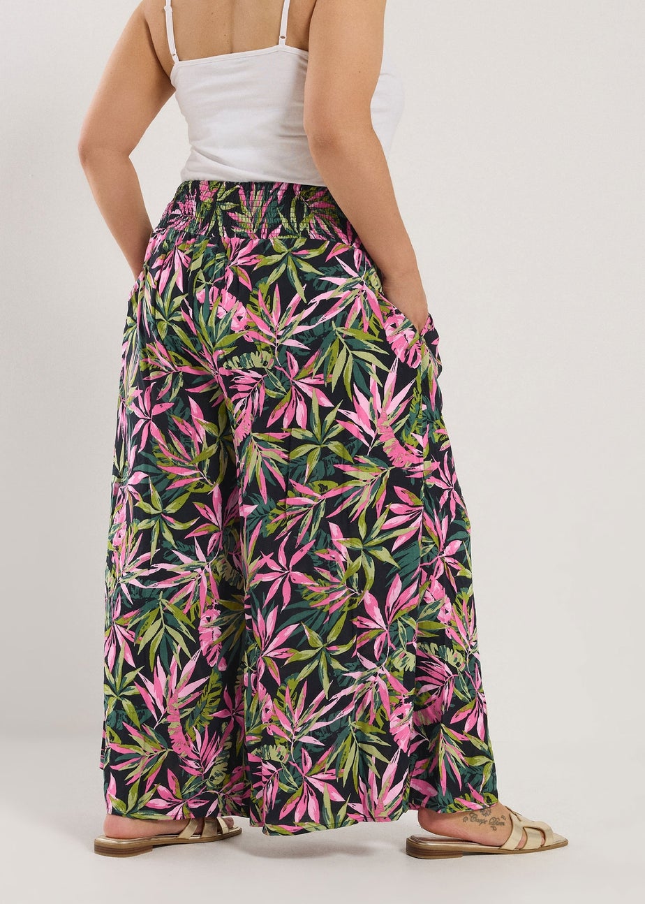 Yours Curve Black Tropical Print Shirred Wide Leg Trousers
