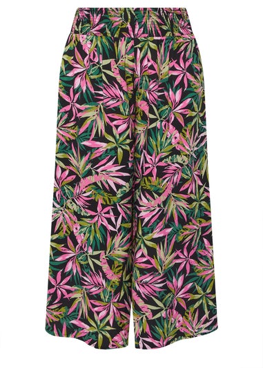 Yours Curve Black Tropical Print Shirred Wide Leg Trousers