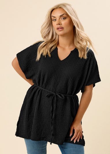 Yours Curve Black Belted Textured Tunic Top