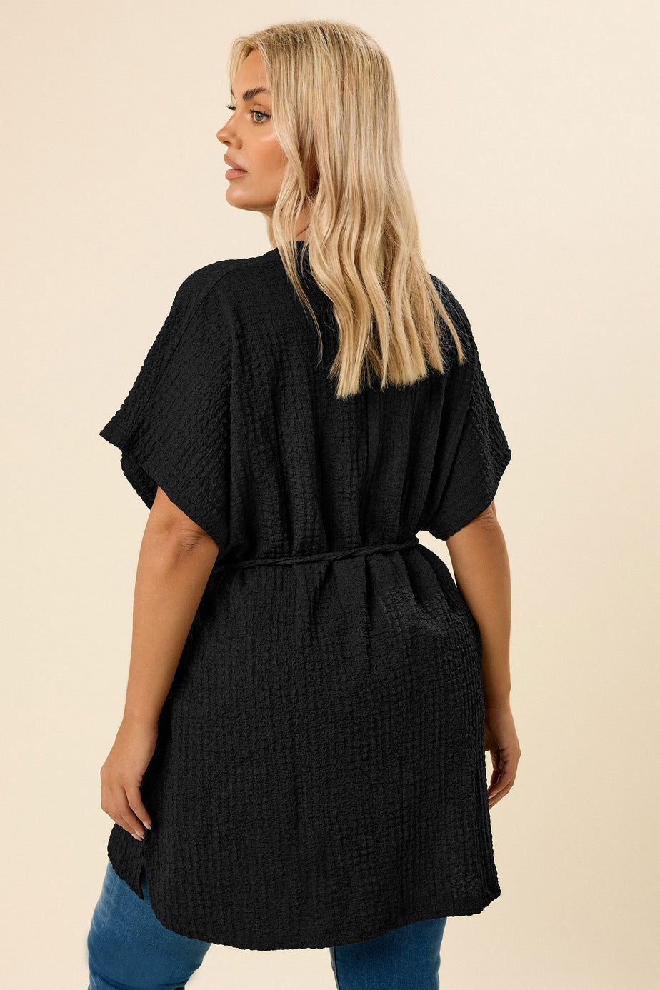 Yours Curve Black Belted Textured Tunic Top