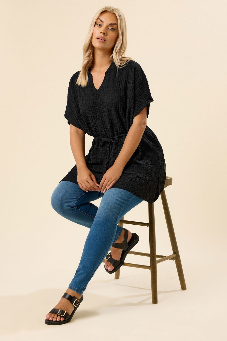 Yours Curve Black Belted Textured Tunic Top