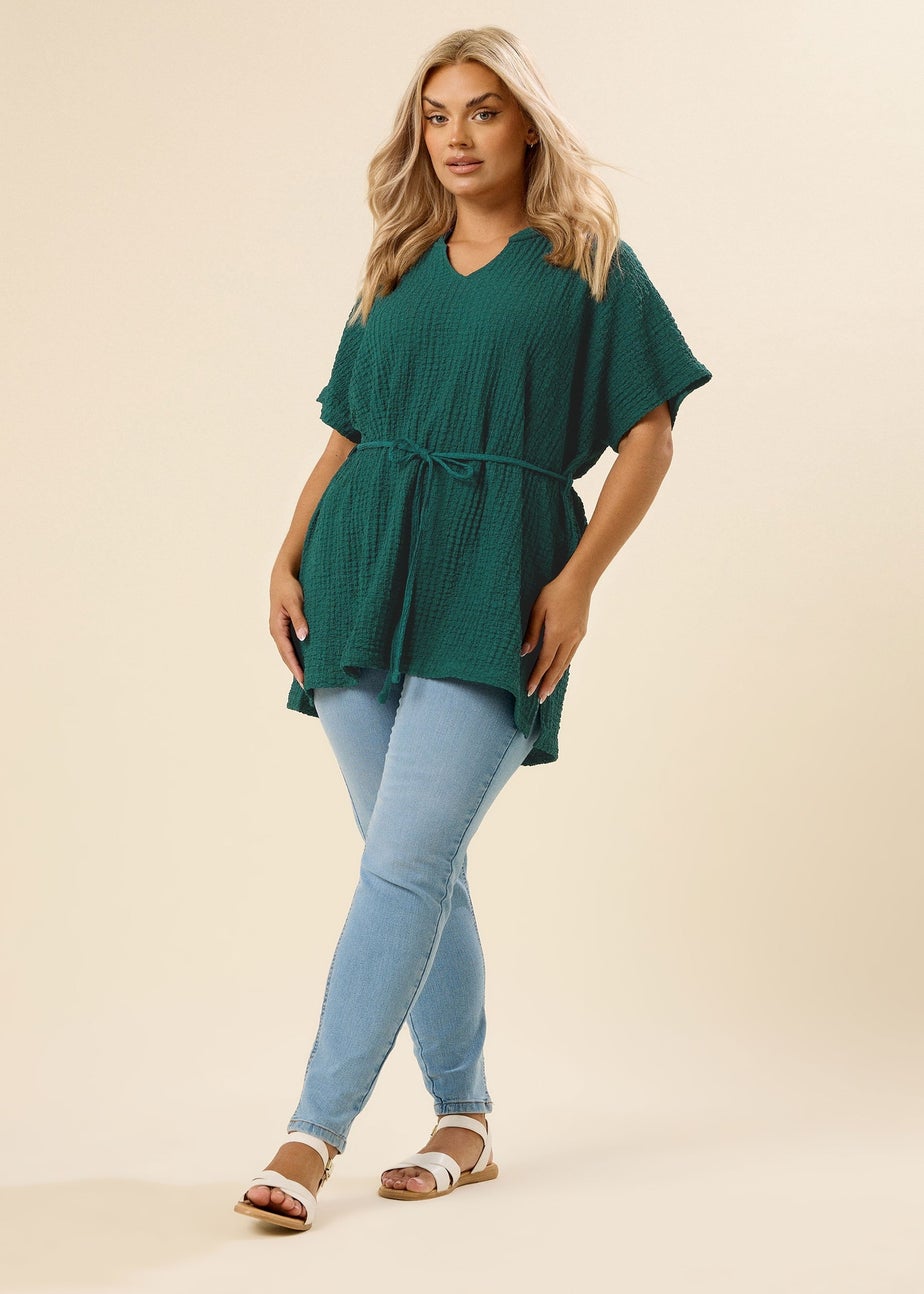Yours Curve Teal Green Belted Textured Tunic Top