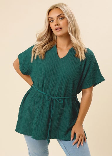 Yours Curve Teal Green Belted Textured Tunic Top