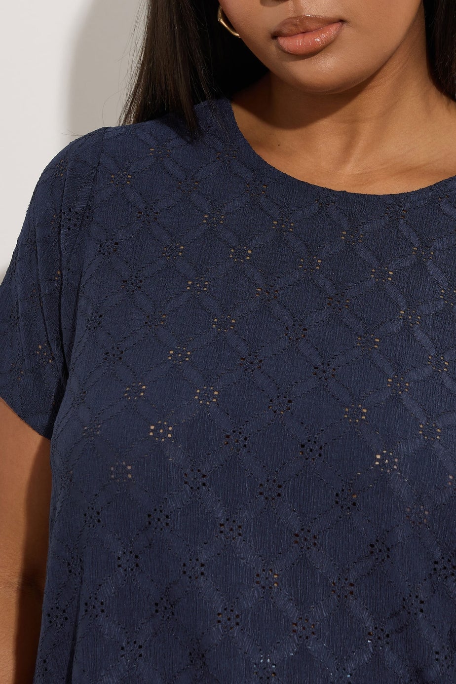 Yours Curve Navy Blue Broderie Anglaise Textured Swing Top