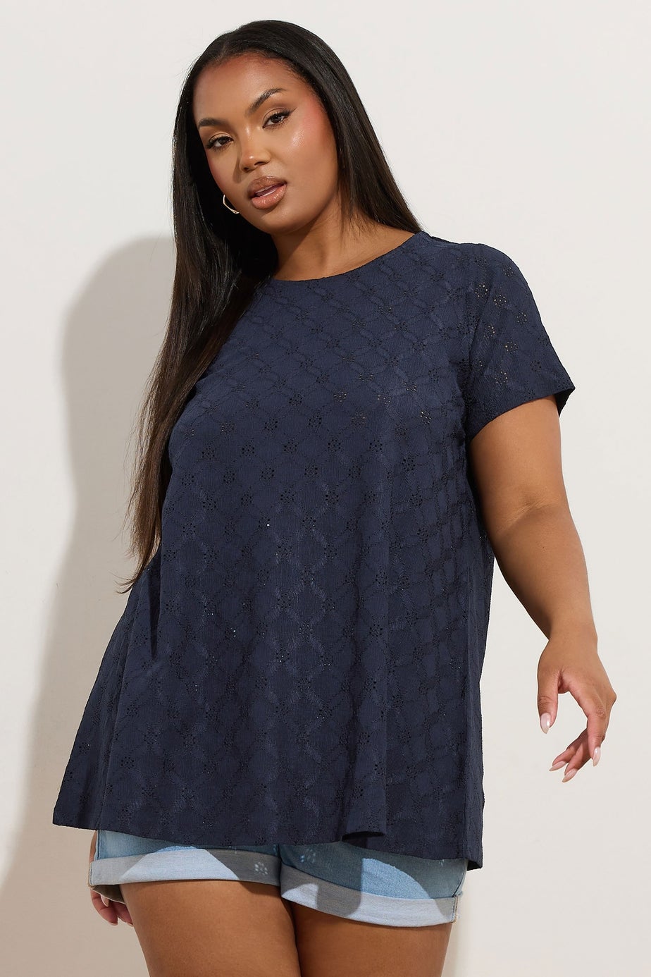 Yours Curve Navy Blue Broderie Anglaise Textured Swing Top