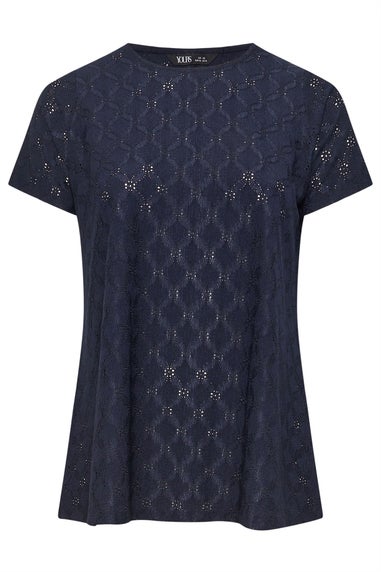 Yours Curve Navy Blue Broderie Anglaise Textured Swing Top