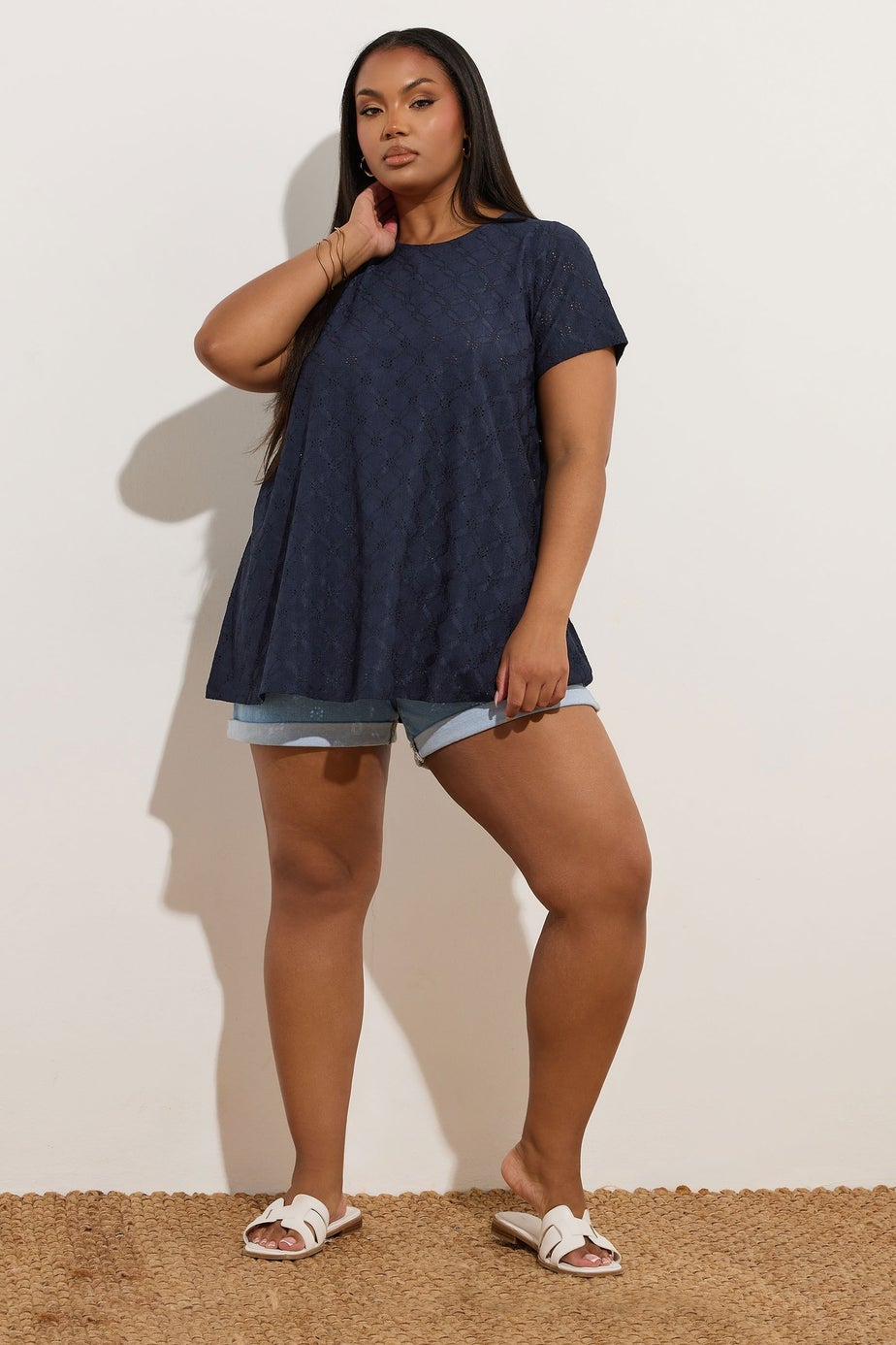Yours Curve Navy Blue Broderie Anglaise Textured Swing Top
