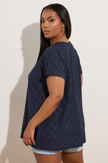 Yours Curve Navy Blue Broderie Anglaise Textured Swing Top