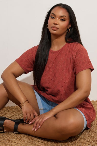 Yours Curve Orange Broderie Anglaise Textured Swing Top