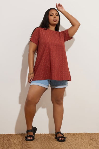 Yours Curve Orange Broderie Anglaise Textured Swing Top