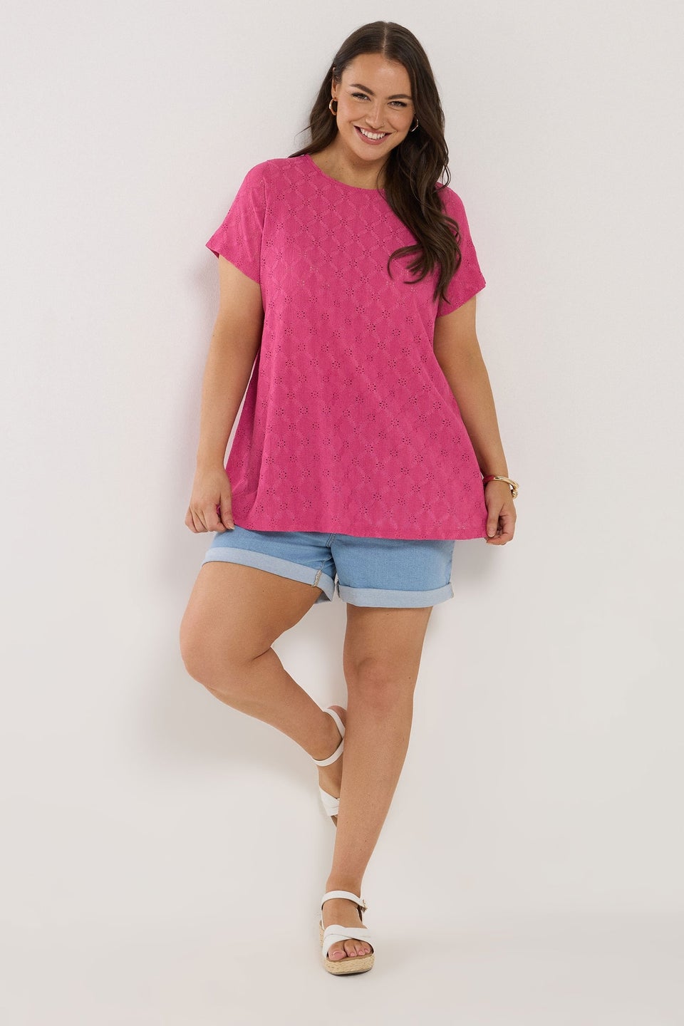 Yours Curve Pink Broderie Anglaise Textured Swing Top