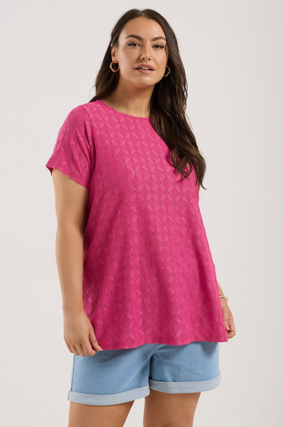 Yours Curve Pink Broderie Anglaise Textured Swing Top