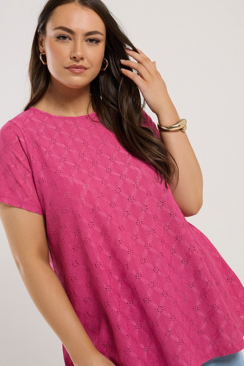 Yours Curve Pink Broderie Anglaise Textured Swing Top