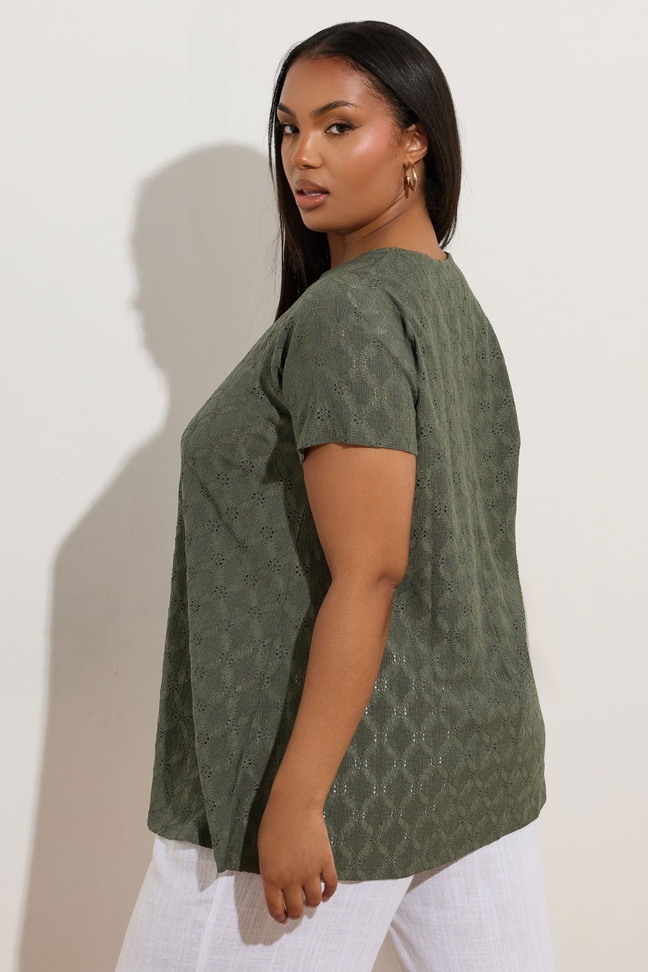 Yours Curve Khaki Green Broderie Anglaise Textured Swing Top