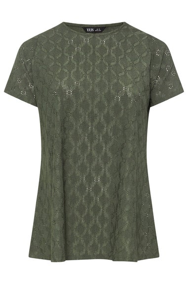 Yours Curve Khaki Green Broderie Anglaise Textured Swing Top