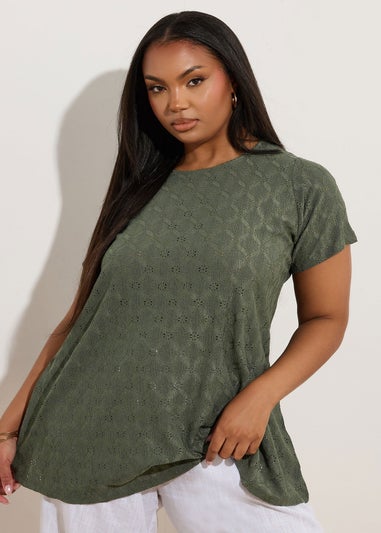 Yours Curve Khaki Green Broderie Anglaise Textured Swing Top