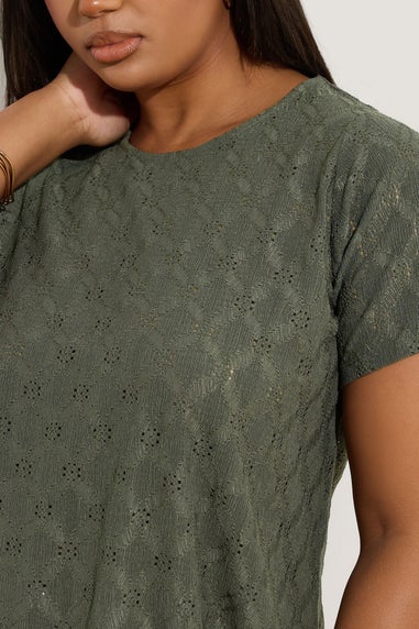 Yours Curve Khaki Green Broderie Anglaise Textured Swing Top