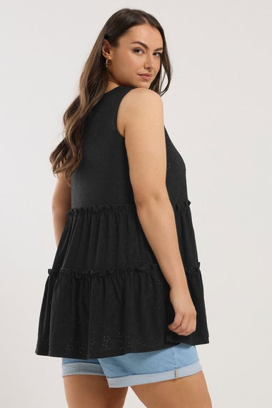 Yours Curve Black Broderie Anglaise Tiered Vest Top
