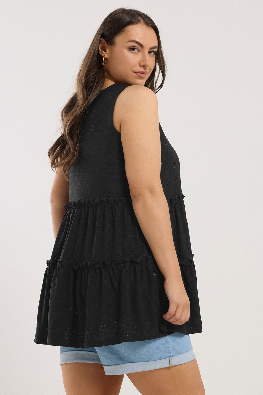 Yours Curve Black Broderie Anglaise Tiered Vest Top