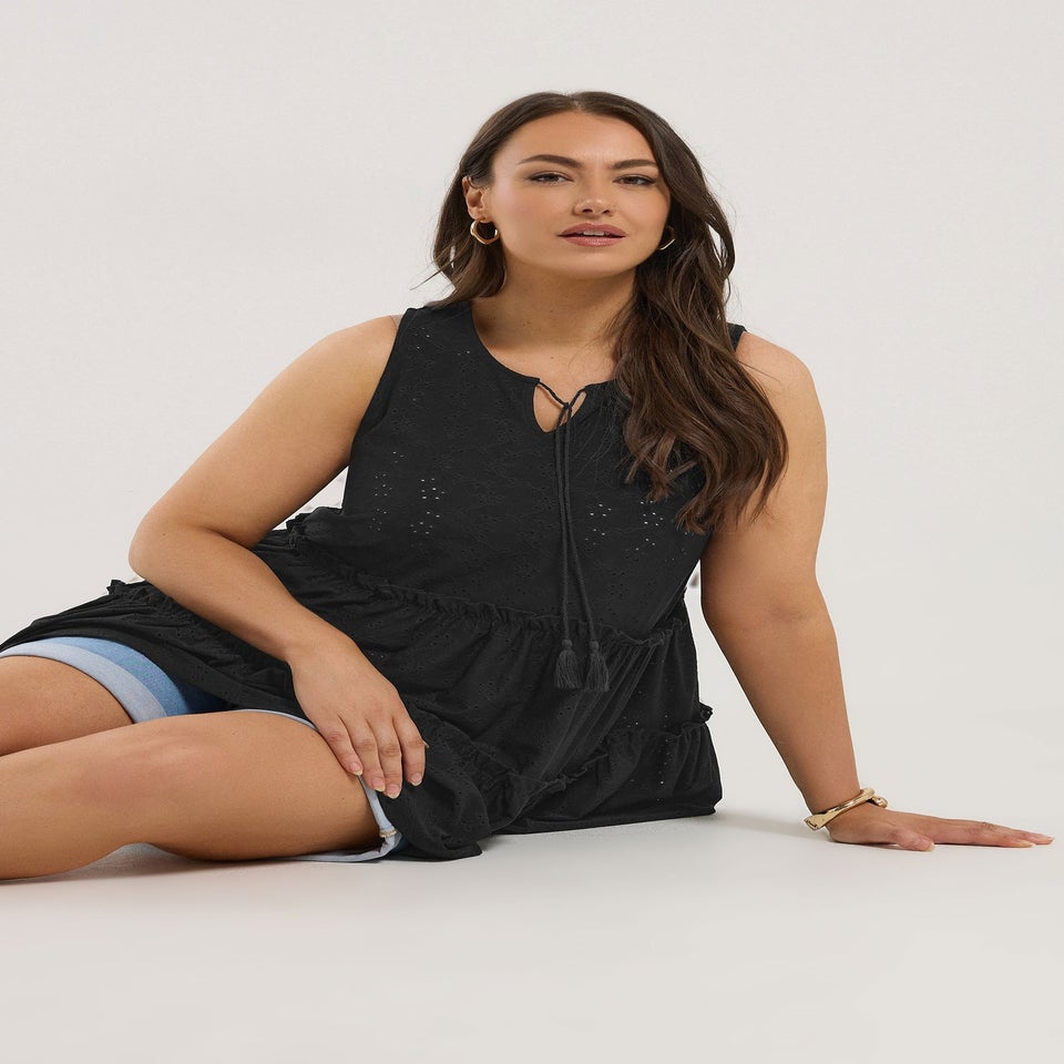 Yours Curve Black Broderie Anglaise Tiered Vest Top