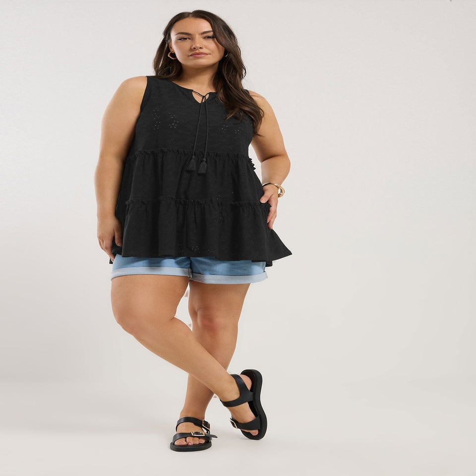 Yours Curve Black Broderie Anglaise Tiered Vest Top