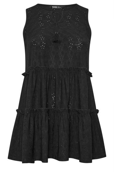 Yours Curve Black Broderie Anglaise Tiered Vest Top
