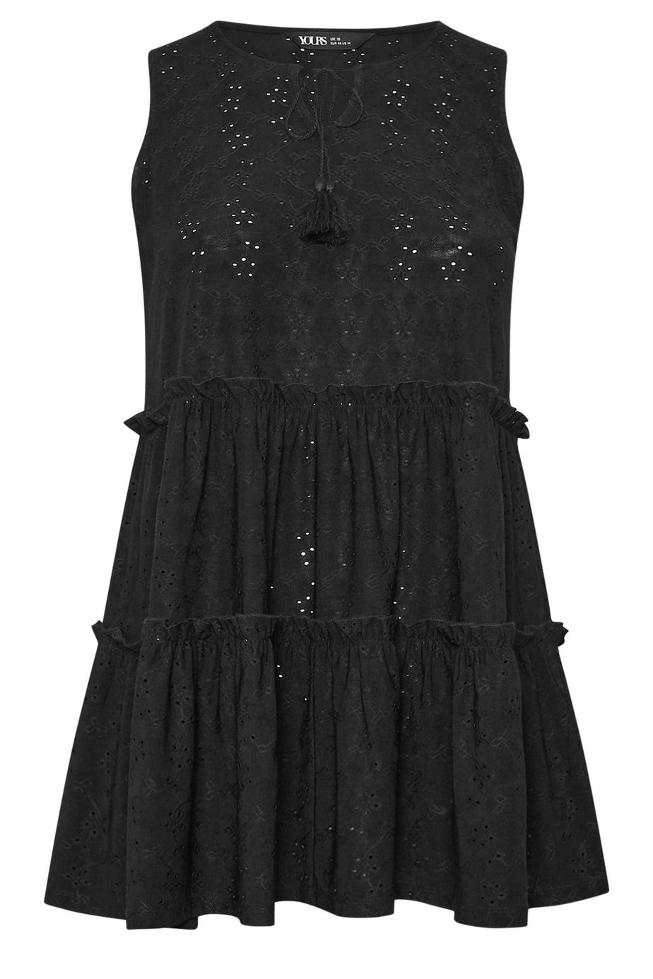 Yours Curve Black Broderie Anglaise Tiered Vest Top