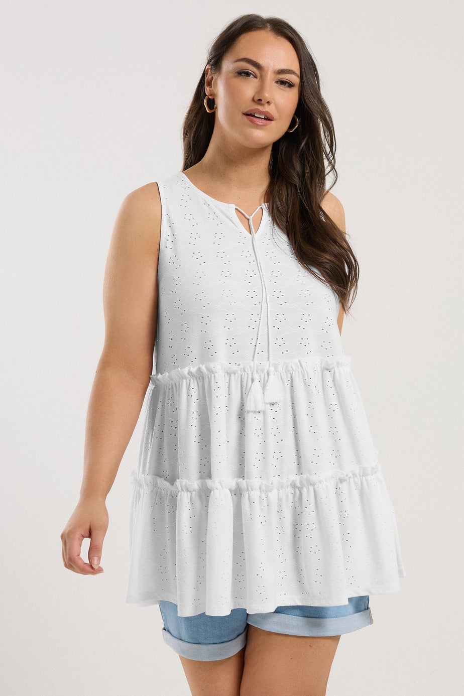 Yours Curve White Broderie Anglaise Tiered Vest Top