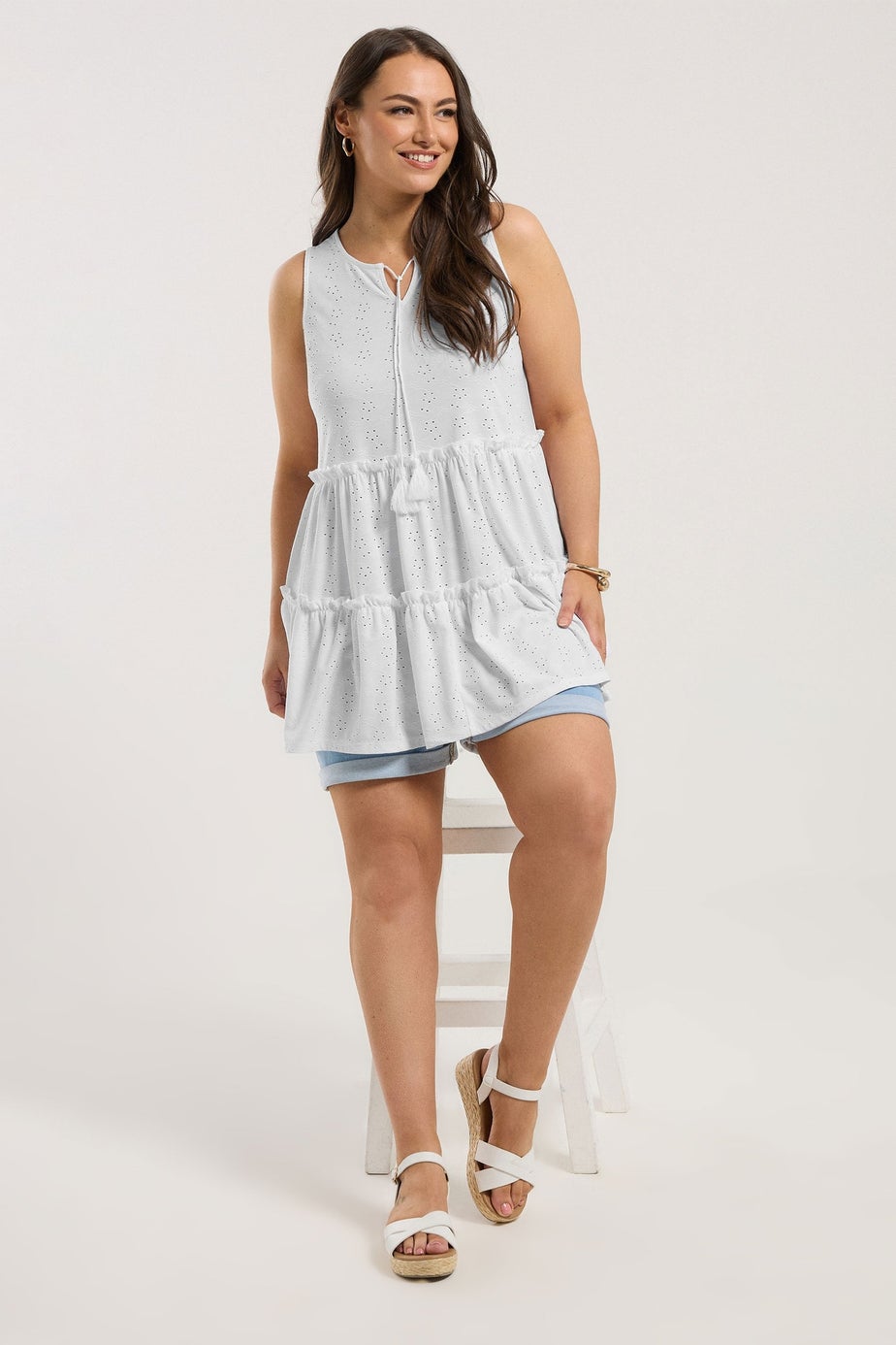 Yours Curve White Broderie Anglaise Tiered Vest Top