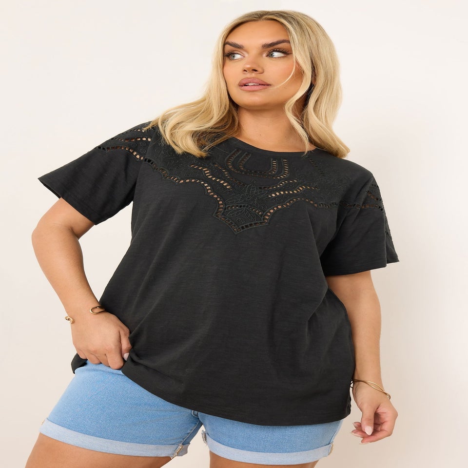 Yours Curve Black Crochet Trim T-Shirt