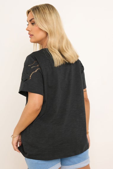 Yours Curve Black Crochet Trim T-Shirt