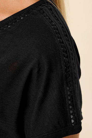Yours Curve Black Crochet Trim Detail T-Shirt