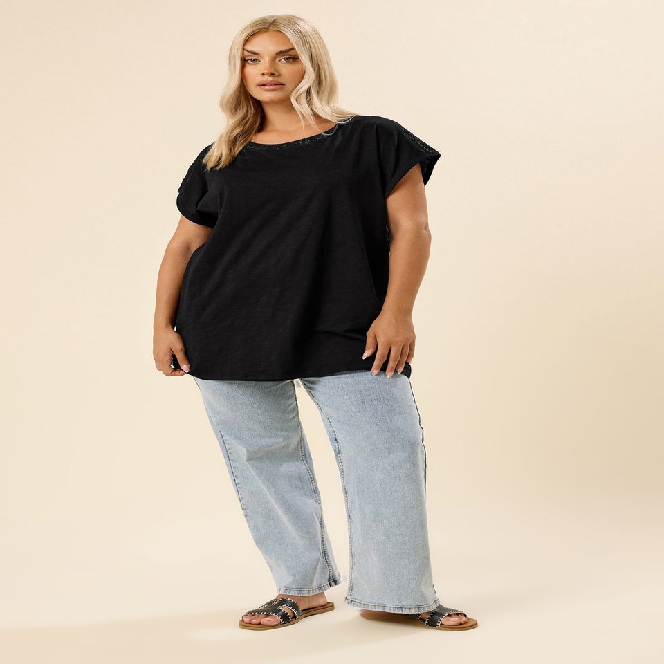 Yours Curve Black Crochet Trim Detail T-Shirt