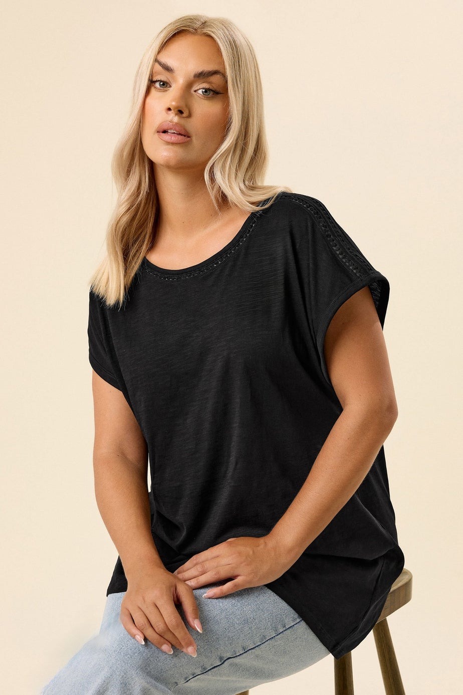 Yours Curve Black Crochet Trim Detail T-Shirt